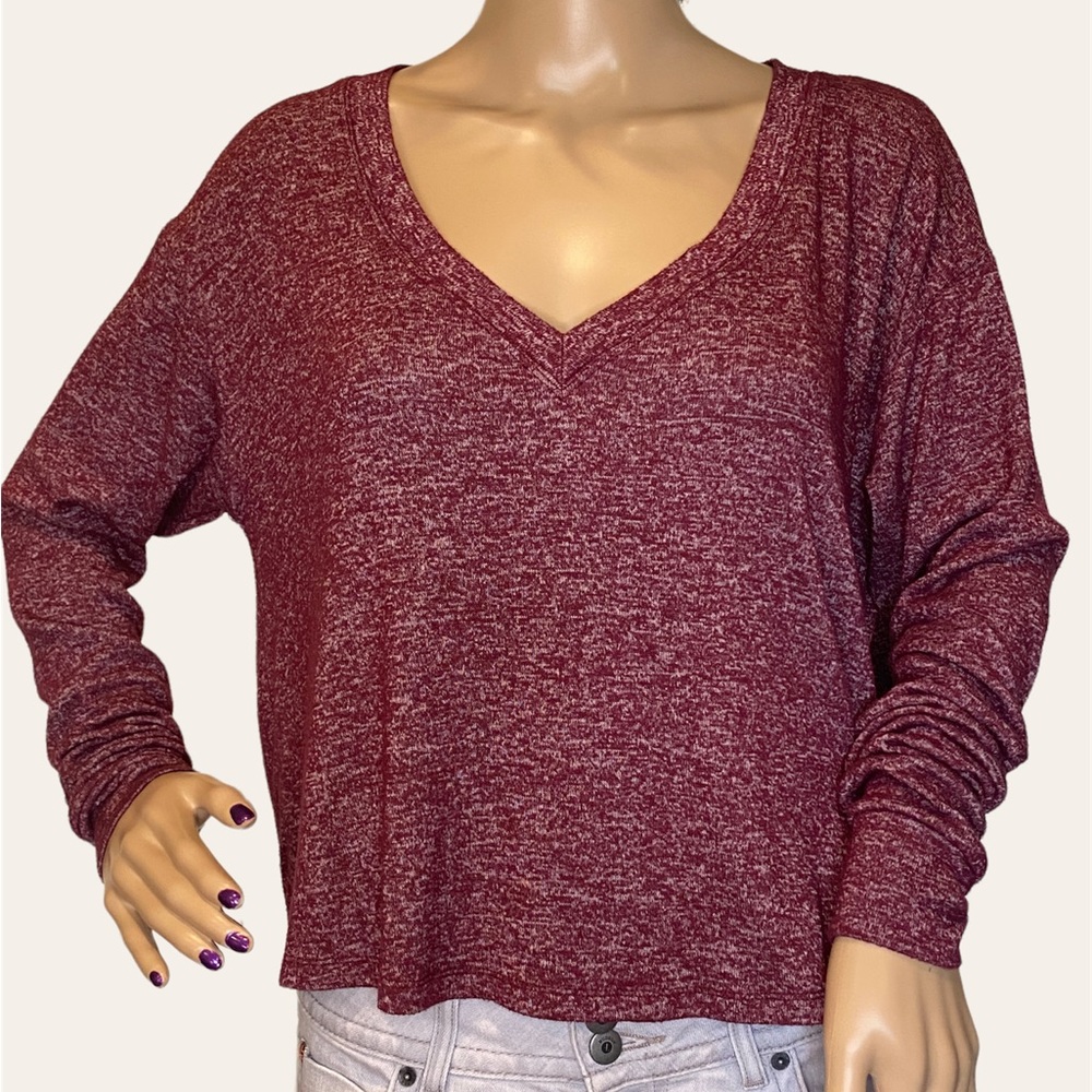 PINK Victoria's Secret V-Neck Heather Maroon Lightweight Shirt Top Sz Small EUC